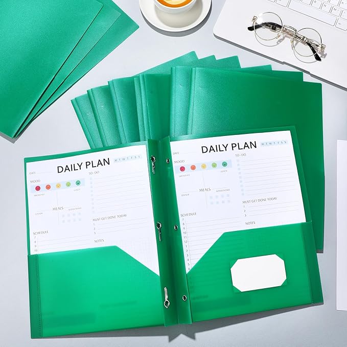 Cholemy 36 Pcs Plastic Pocket Folders with Prong 2 Heavy Duty Pockets Folders with 3 Prongs Letter Size Paper Folders Bulk File Plastic Folders with Fasteners for Office Workers (Green)