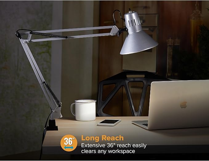 Bostitch Office VLF100-SLV Swing Arm Desk Lamp with Clamp Mount, 36" Reach with Multi-Joint Adjustment, Includes Replaceable LED Bulb (VLF), Silver