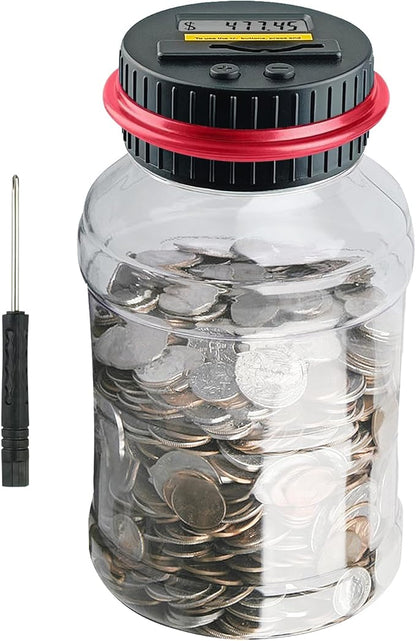 Coin Bank for Adults, QPEY Piggy Bank Coin Jar with LCD Counter Change Counter for Counting Money, Change Bank Designed for All US Coins (Red)