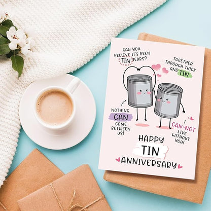 Funny 10 Years Anniversary Card, Cute Tin Pun 10th Anniversary Card for Husband Wife, Hilarious Ten Years Anniversary Card for Him Her, Happy Tin Wedding Anniversary Card