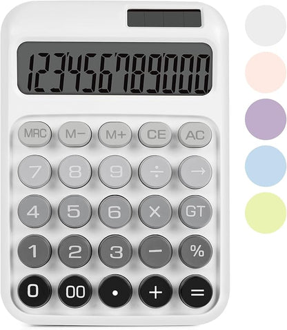 Mechanical Switch Calculator with Big Buttons, Calculators Desktop, 12 Digits, Solar Battery Power, Desk Calculator, Large LCD Display, Cute White Calculator for Teachers Students Basic Office