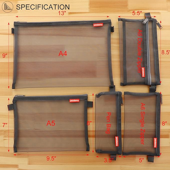 pendancy Mesh Zipper Pouch 5pcs Lightweight Nylon File Folders Document Organizer Cosmetic Bags Accessories Storage for Travel and Office Supplies (Grey, A4 A5 A6)