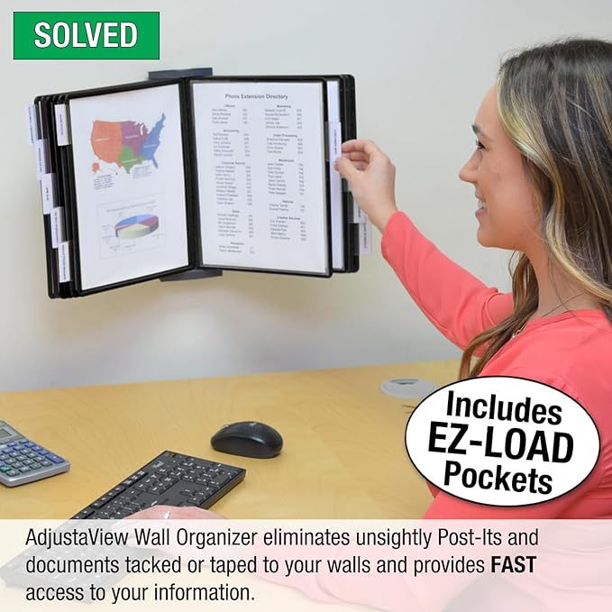 Ultimate Office AdjustaView 10-Pocket Wall Reference Organizer with Easy-Load Pockets and Mounting Screws, Black Pockets
