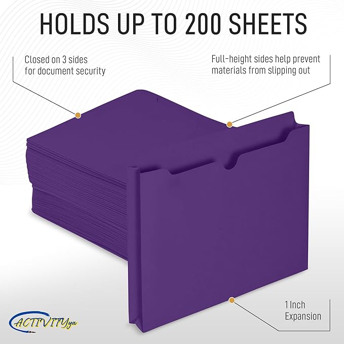 Purple File Jackets, 1 Inch Expansion, Letter Size, Reinforced Straight-Cut Tab, 6 Pack