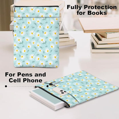Daisy Pattern Book Lovers Gifts Waterproof Book Sleeve Book Pouch Book Protector with Zipper and Front Pocket BookCover Case for Women Girl Readers Librarian Book Accessories Book Club Gifts
