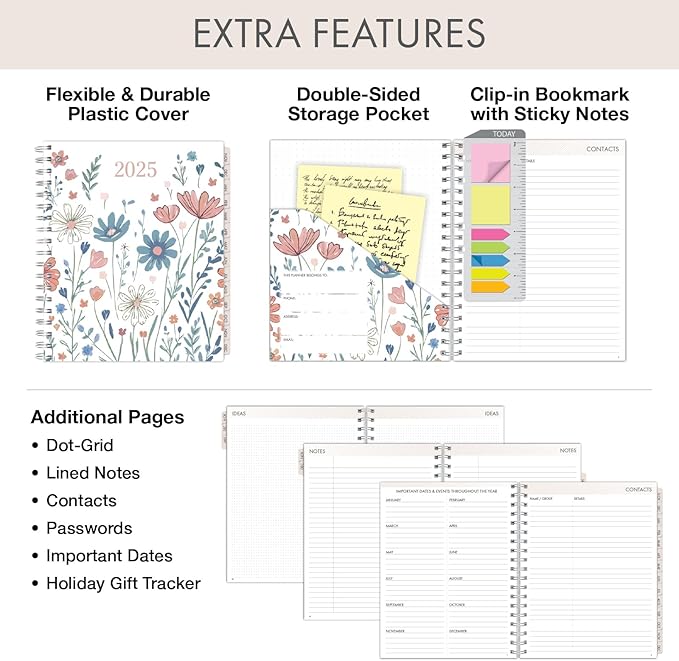 Essential PRO 2025 Daily, Weekly & Monthly Planner, 7"x9": 14 Months (Nov 2024 - Dec 2025) Monthly Tabs,Daily Tracking,Notes Pages,Storage Pocket,Bookmark w Sticky Notes (Colorful Botanicals)