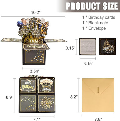 Surprise Pop Up Happy Birthday Cards, Lovely 3D Birthday Card for Adults and Kids with Envelopes, Unique Design Handmade Foldable Greeting Cards for Daughter, Son, Mom, Dad, Friend（Black）