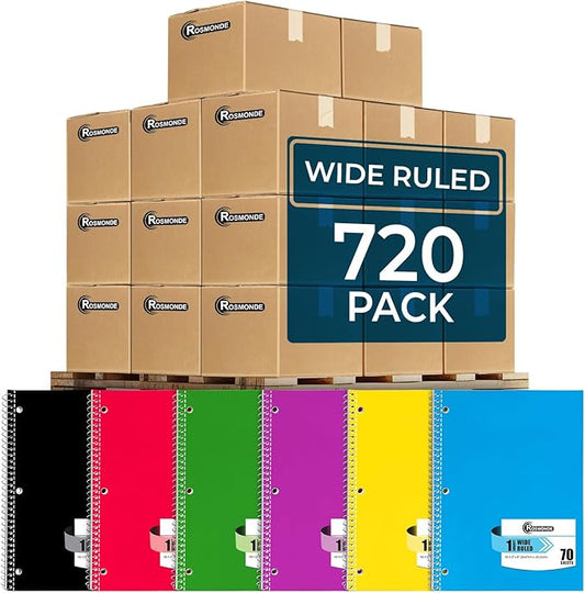 720 Packs (Pallet) 1 Subject Notebooks, Spiral Notebook Bulk, Wide Ruled, Pallet of Notebooks, 70 Sheets (140 pages), 8 x 10-1/2", Bulk Spiral Notebooks for School & Office, 4-7 Days Transit