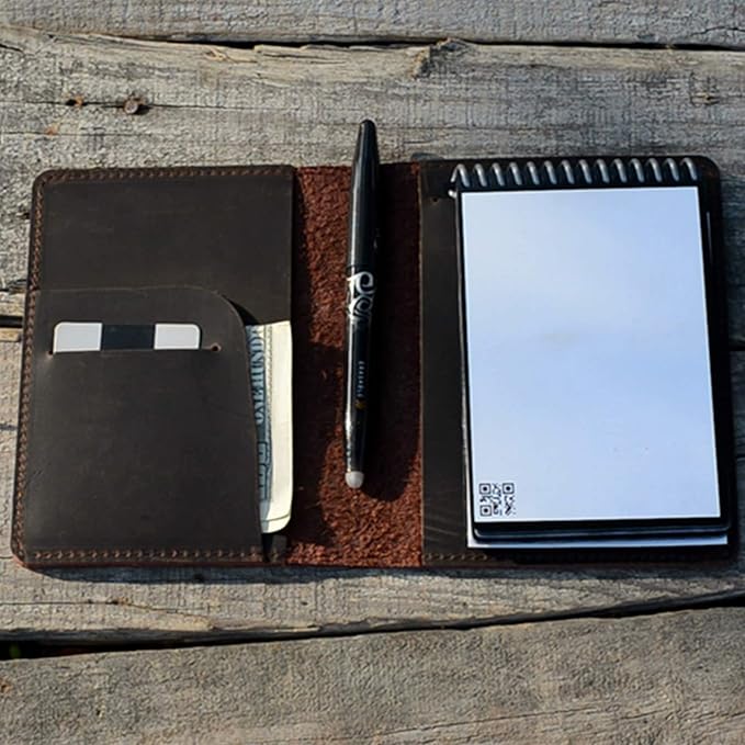 JJNUSA Compatible with Rocketbook Mini Cover Smart Business Handmade Distressed Genuine Leather Journal Notebook Cover for Card Holder Mini 3.5" x 5.5" DarkBrown