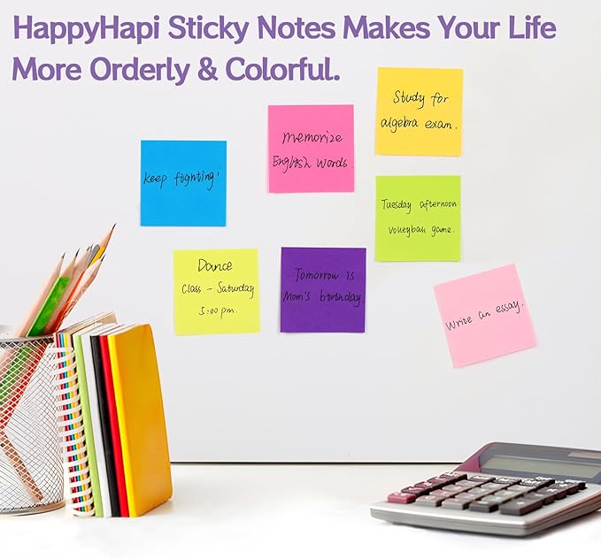 HappyHapi 36-Pads Sticky Notes 3X3 in, 80 Sheets/Pad, 8 Bright Color Self-Stick Note Pads, Bulk Vibrant Sticky Note for Home Office School(Total 2880 Sheets)