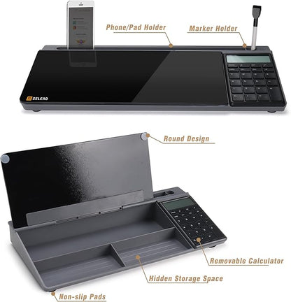 SELEAD Desktop Glass Whiteboard with Calculator, Organizer, Markers, Eraser, Holder - Black Dry Erase White Board Computer Pad Keyboard Stand for Home, School, Office Desk Cubicle Accessories