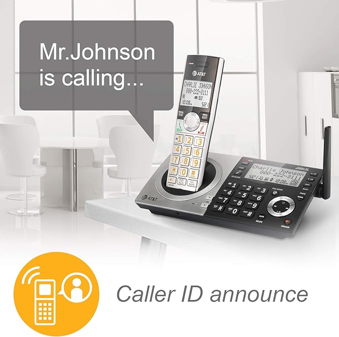 AT&T CL83107 DECT 6.0 Cordless Phone for Home with Dual Keypad Base, Answering Machine, Call Blocking, Caller ID Announcer, Intercom and Long Range, Silver/Black