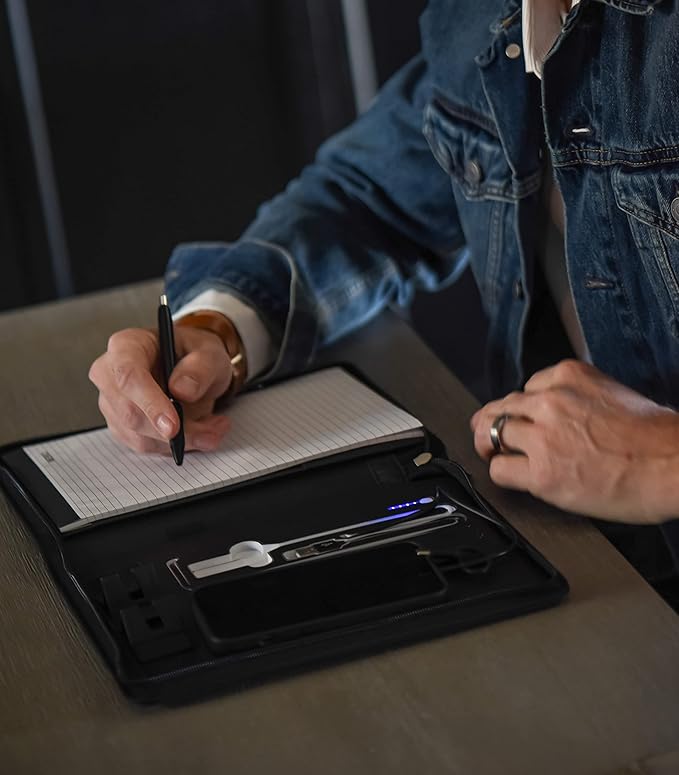 Phone Charging Business & Travel Portfolio w/Built-in Power Bank- Zipper Closure & Refillable Pad- Professional Organizer Padfolio That Charges Phones/Tablets on The Go (Black)