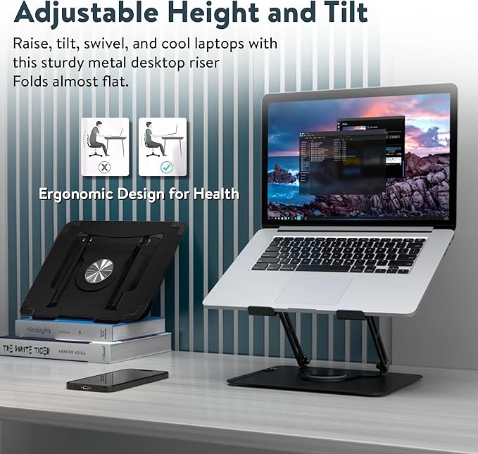 Swivel Laptop Stand for Desk, Adjustable Laptop Stand for Desk w/ 360° Rotation, Raise Tilt Cools Laptop with This Ergonomic Laptop Stand Riser, Collapsible iPad Computer Laptop Stand (Black)