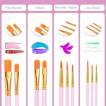ESRICH Acrylic Paint Brushes Set, 8Packs /80 Pcs, Nylon Brush Head, Suitable for Acrylic, Oil, Watercolor,Rock Body Face Nail Art,Perfect Suit of Art Painting, Best Gift for Kids Adult Drawing(Pink)