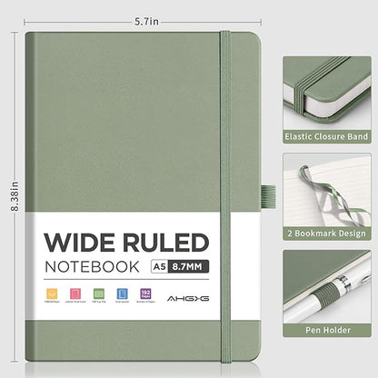 AHGXG Wide Ruled Notebook for School - Lined Journal for Women Men, 192 Numbered Pages, 100 GSM Thick Paper, A5 Hardcover Leather Notebook for Work, Writing, 5.7"×8.3" - Sage Green