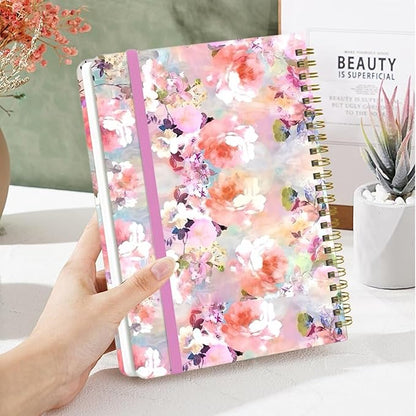 Spiral Notebook - A5 Spiral Notebooks, 8.3'' × 5.8'', 160 Pages, Aesthetic Journaling Notebooks for Women, College Lined Notebook with Elastic Closure, Back Pocket, for School Office, Pink Flower