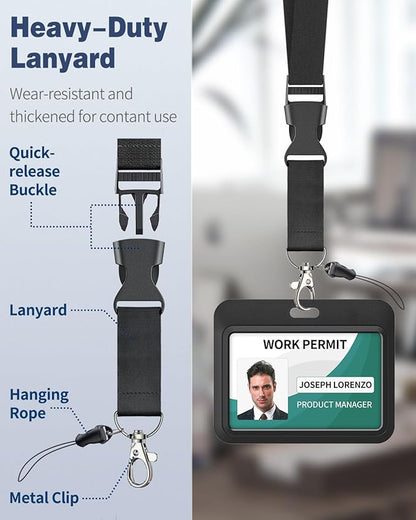 Uniclife 3 Pack Sliding Badge Holder Hard Black Horizontal Plastic Card Case Protector with Lanyard Strap Metal Buckle and Clip for Office School ID Credit Key Card Driver’s License and Pass