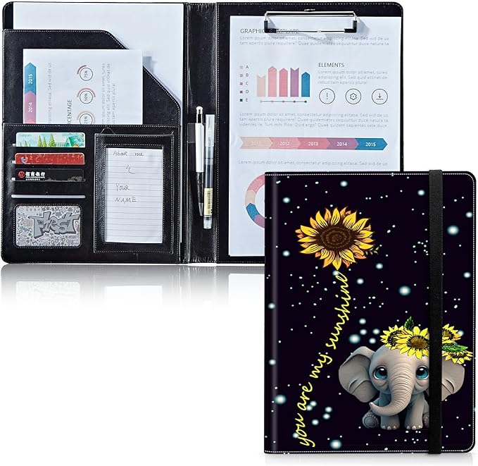 Padfolio Folder with Clipboard,Portfolios Organizer Clipboards with Storage Clipboard Writing Pad PU Leather Conference Document Organizer with Business Card Holder,Elephant Sunflower