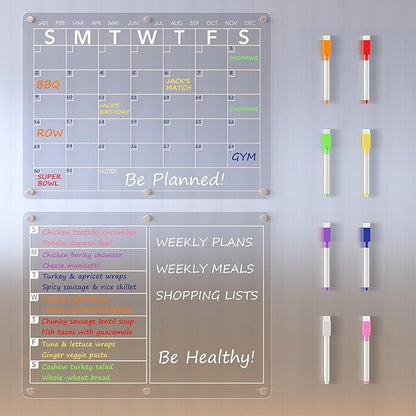 Acrylic Magnetic Dry Erase Board Calendar for Fridge, Clear Monthly and Weekly Meal Planner Whiteboard Refrigerator, Menu Board for Kitchen, w/ 8 Colors Markers, 15"x11"
