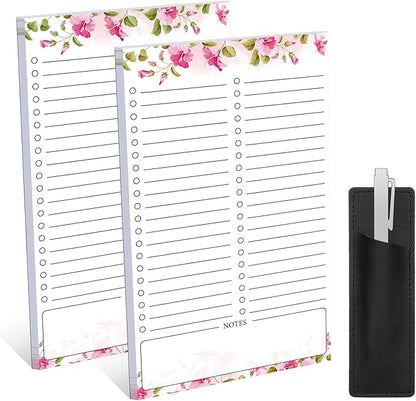 2 Pack Grocery List Magnet Pad for Fridge with Pen Holder, Totally 120 Sheets Magnetic Note Pad for Fridge Full Back Magnet Shopping List, To Do List, Memo Notepads, 4.5x7.5"(Pink Flower)