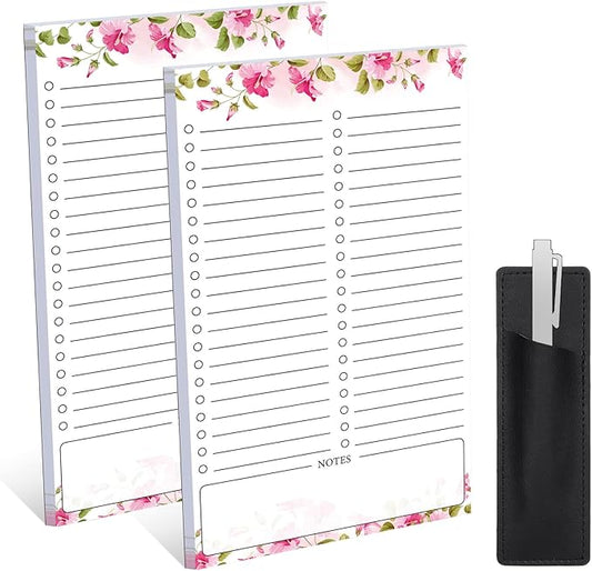 2 Pack Grocery List Magnet Pad for Fridge with Pen Holder, Totally 120 Sheets Magnetic Note Pad for Fridge Full Back Magnet Shopping List, To Do List, Memo Notepads, 4.5x7.5"(Pink Flower)