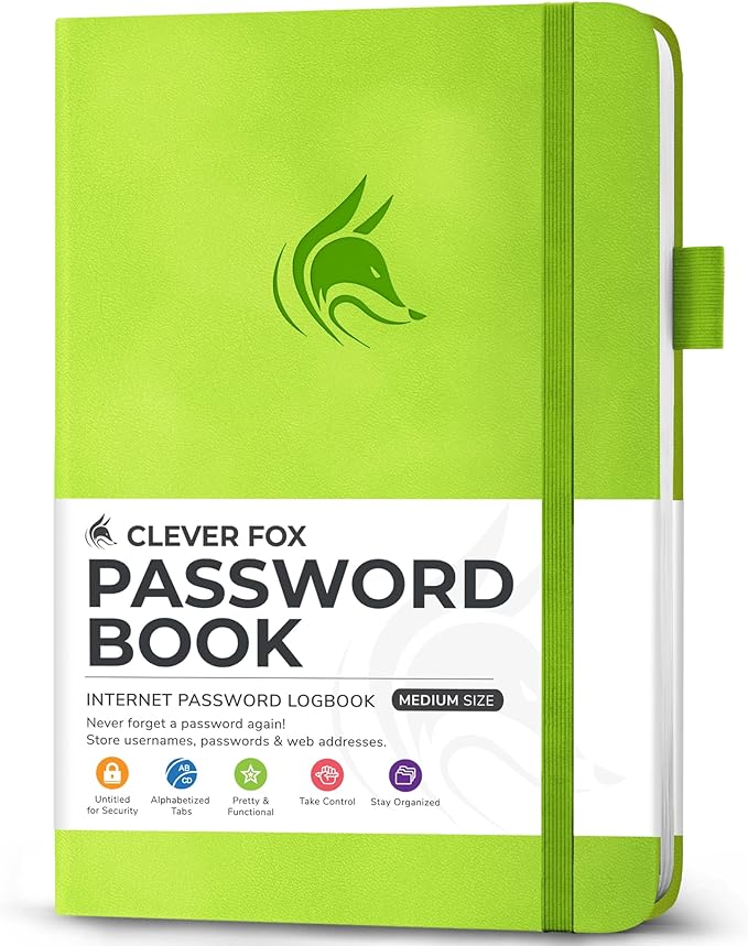 Clever Fox Password Book with Alphabetical tabs. Internet Address Organizer Logbook. Medium Password Keeper for Website Logins (Green)