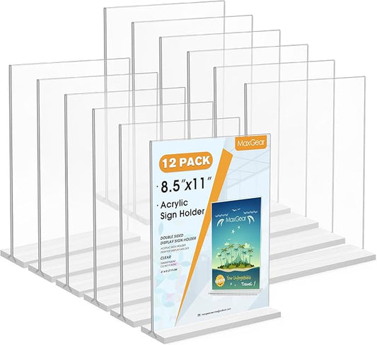 MaxGear Acrylic Sign Holder 8.5x11 Inches, Double Sided Clear Display Stand Table Top Sign Paper Holder, Vertical Menu Flyer Holder, Plastic Sign Frame for Stores, Restaurants, Hotels, Office