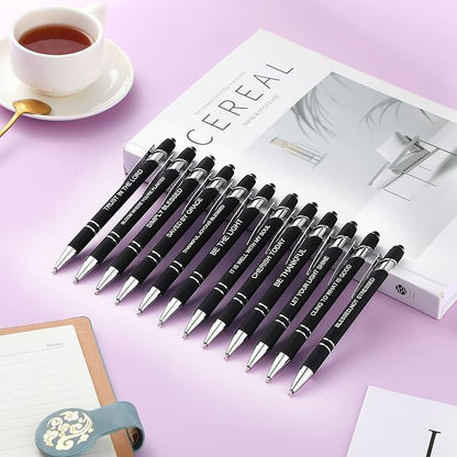 Zonon 12 Pieces Inspirational Pens Bulk Easter Basket Stuffers Motivational Quotes Ballpoint Pens with Stylus Tip Inspirational Gifts for School Office Teachers(Black,Bible Style)