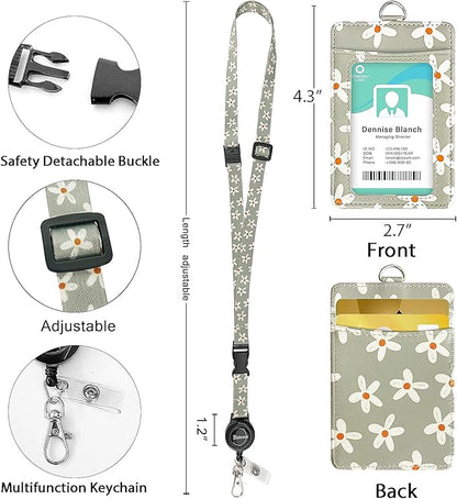 bolimoss Cute Flowers Lanyard for ID Badge Card, Breakaway Neck Lanyards with Retractable Badge Reels Quick-Release Buckles and Adjustable Straps with Leather Card Badge Holders