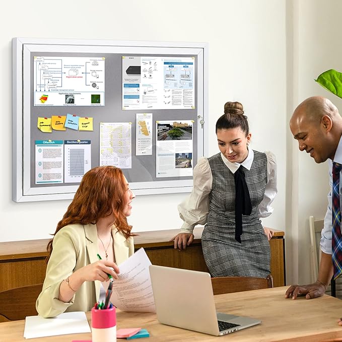 SWANCROWN Enclosed Bulletin Board Grey Felt Displays Boards Weather Resistant Wall Mounted Notice Case,37x28inches