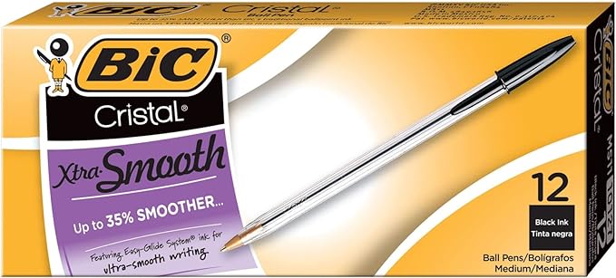 BIC Cristal Xtra Smooth Black Ballpoint Pens, Reliable Medium Point (1.0mm), 12-Count Pack