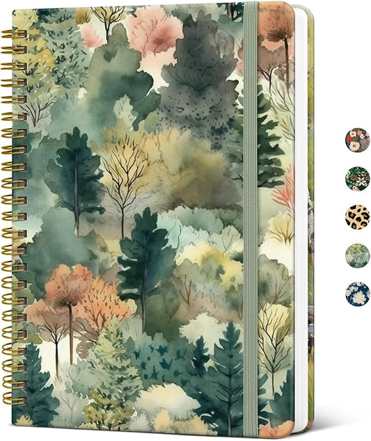 Lined Spiral Journal Notebook for Women, Pretty A5 College Ruled Hardcover Notebook for Work & Note Taking, Cute Aesthetic Journal for Writing, 140 Pages, Misty Woods