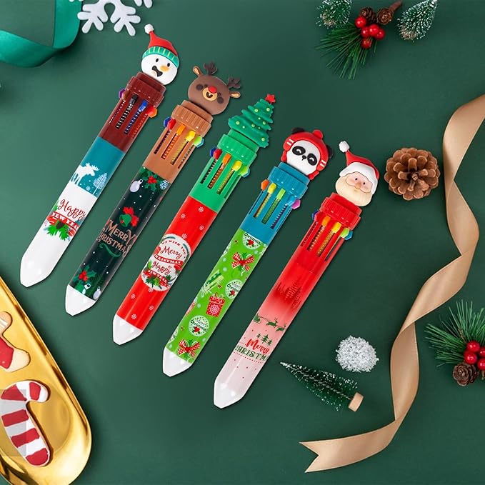 Cute Cartoon Christmas Multicolor Ballpoint Pen 0.7 mm, 10-in-1 Colored Pens Fine Point Retractable Ballpoint Pens for Office School Students Kids Christmas Gift, 5 Pack