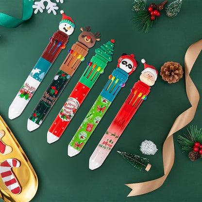 Cute Cartoon Christmas Multicolor Ballpoint Pen 0.7 mm, 10-in-1 Colored Pens Fine Point Retractable Ballpoint Pens for Office School Students Kids Birthday Gift, 5 Pack