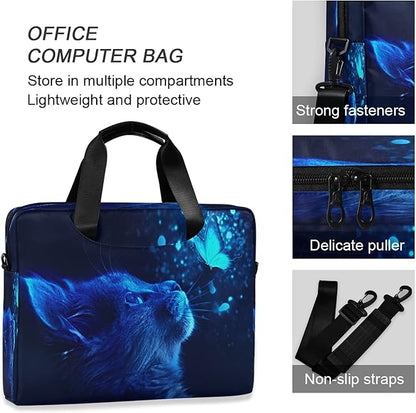 Cat Butterfly Light Blue Laptop Messenger Bag Case Sleeve Briefcase for Men Women