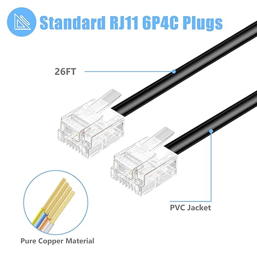 RJ11 6P4C Phone Extension Cord, 1 Pack 26 Feet(8M) Phone Cord for Landline, Black Telephone Line Cord, RJ11 Extension Cable with Fax/Modem for Office or Home