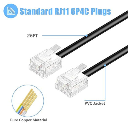 RJ11 6P4C Phone Extension Cord, 1 Pack 26 Feet(8M) Phone Cord for Landline, Black Telephone Line Cord, RJ11 Extension Cable with Fax/Modem for Office or Home