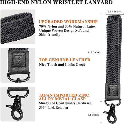 Fishent Stretchy Wristlet Keychain,Braided Cute Wrist Lanyards for Keys, Key Chain Holder for Women Men, Wrist Strap Keychain for Car Keys Phone Camera Wallet ID Badges Card (Black)