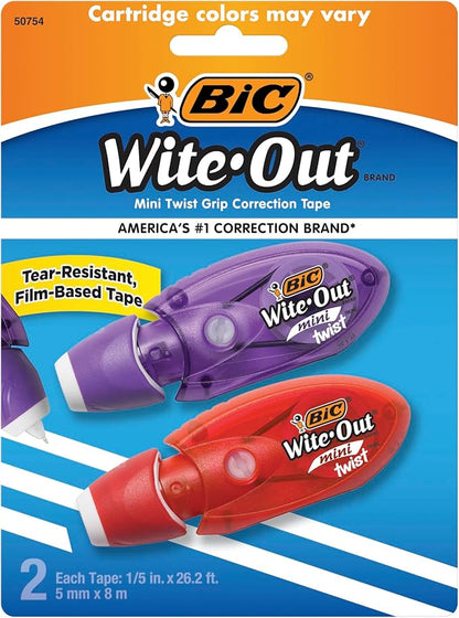 BIC Wite-Out Brand Mini Twist Correction Tape, 26.2 Feet, 2-Count Pack of white Correction Tape, Fast, Clean and Easy to Use Tear-Resistant Tape Office or School Supplies