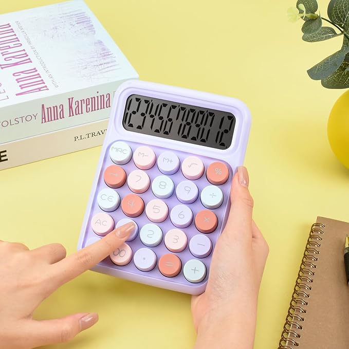 Desktop Mechanical Calculator, 12-Digit Large LCD Display Basic Standard Calculators with Cute Big Buttons, Desk Accessories, for Office Home School (Purple)