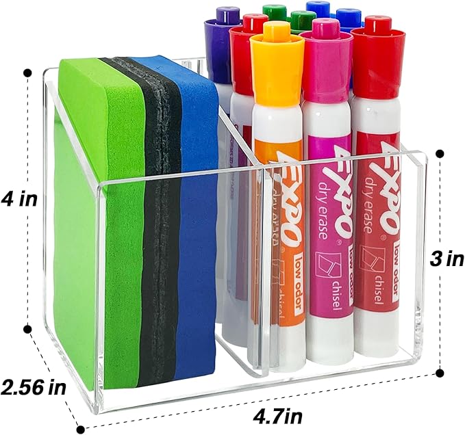 Magnetic Dry Erase Marker Holder, Acrylic Magnetic Pen Holder for Fridge, Magnetic Marker Holder for Whiteboard, 2 Compartments Whiteboard Marker Holder for Office, Home, Locker(Clear)