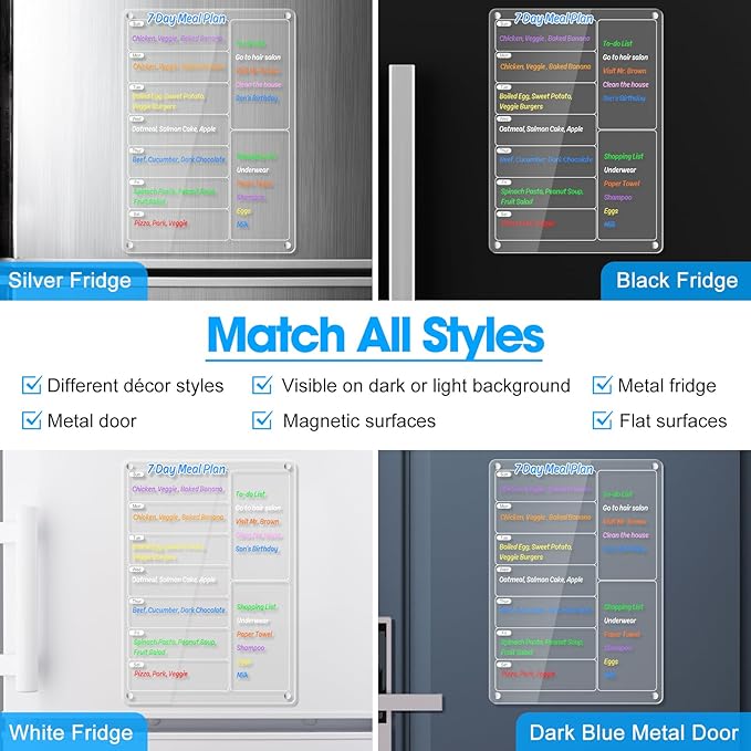 Acrylic Meal Planner Magnetic Menu Board for Kitchen Fridge w/Markers, Clear Weekly Calendar Planning Board Noteboard Refrigerator Dry Erase Board to Do/Grocery/Shopping List/Chore Chart, 12.8x9’’