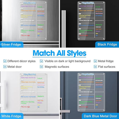 Acrylic Meal Planner Magnetic Menu Board for Kitchen Fridge w/Markers, Clear Weekly Calendar Planning Board Noteboard Refrigerator Dry Erase Board to Do/Grocery/Shopping List/Chore Chart, 12.8x9’’