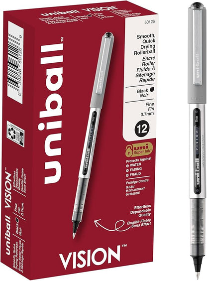 Uni-Ball Vision Rollerball Pens, Black Pens Pack of 12 - 0.7mm Fine Point Medium Black Ink - Teacher Pen, Japanese Pens, Smooth Writing Pens, Journaling Pens, School & Office Supplies