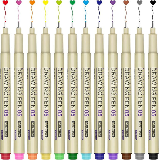 Muchcute 05 Micro Fineliner Drawing Art Pens: 12 Colors 0.45mm Extra Fine Point Bible No Bleed Smooth Journal Zentangle Study Supplies Colored Waterproof Line Ultra Needle Tip Fine liner Thin Gel Felt