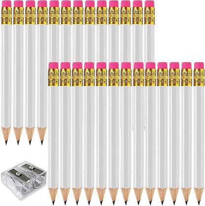 Adhere 50pcs Golf Pencils with Eraser Round Wooden half Pencils Graphite 2B for Golf Event Scoring, Classroom, Wedding, Pew, Pocket | Free Pencil Sharpener (White)
