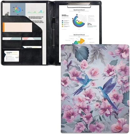 Hummingbird Flower Purple Portfolio Folder Leather Padfolio with A4 Size Clipboard Clip for Business Interview Document Sleeve Binder Folder for Men/Women