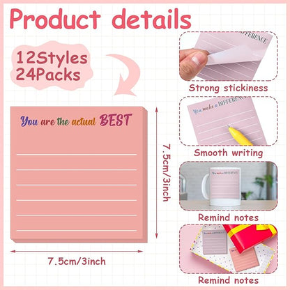 Yinder 24 Pcs Inspirational Sticky Notes with Lines Cute Motivational Sticky Notes Pad Employee Appreciation Gifts Bulk for Teacher Nurse Coworkers Office Supplies 3 x 3''(Aesthetics,Appreciation)