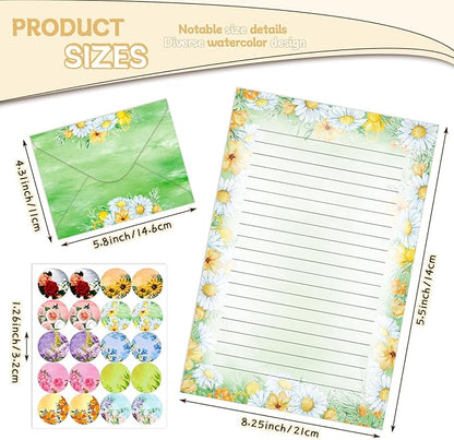 TaoBary 160 Packs Stationery Paper Set (50 Double Sided Stationery Writing Papers 50 Matching Envelopes) 60 Round Dot Sticker, 10 Design(Flower,5.5 x 8.25 Inch)